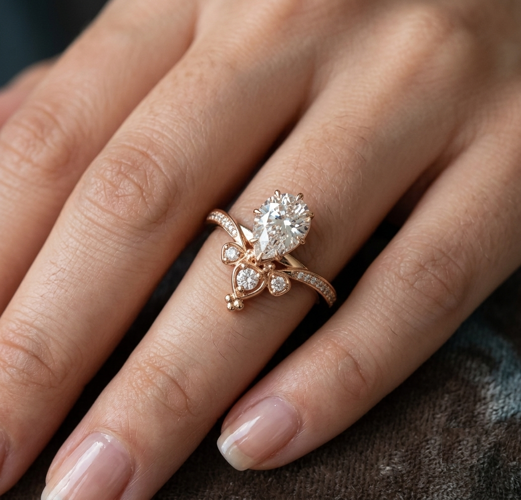 Model wearing a 2 Ct pear cut lab-created diamond engagement ring with a vintage tiara halo setting on ring finger.