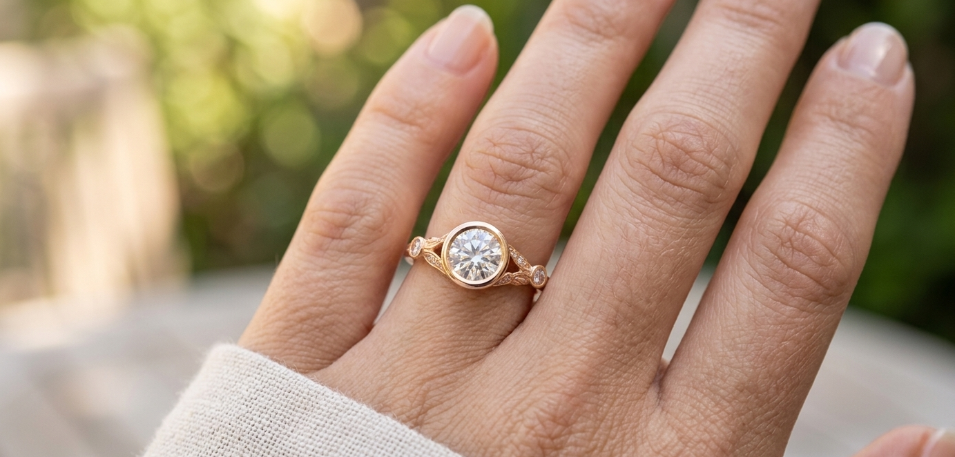 Model hand wearing a 2 CT round cut lab grown diamond vintage bezel ring in rose gold with leaf filigree shoulders.