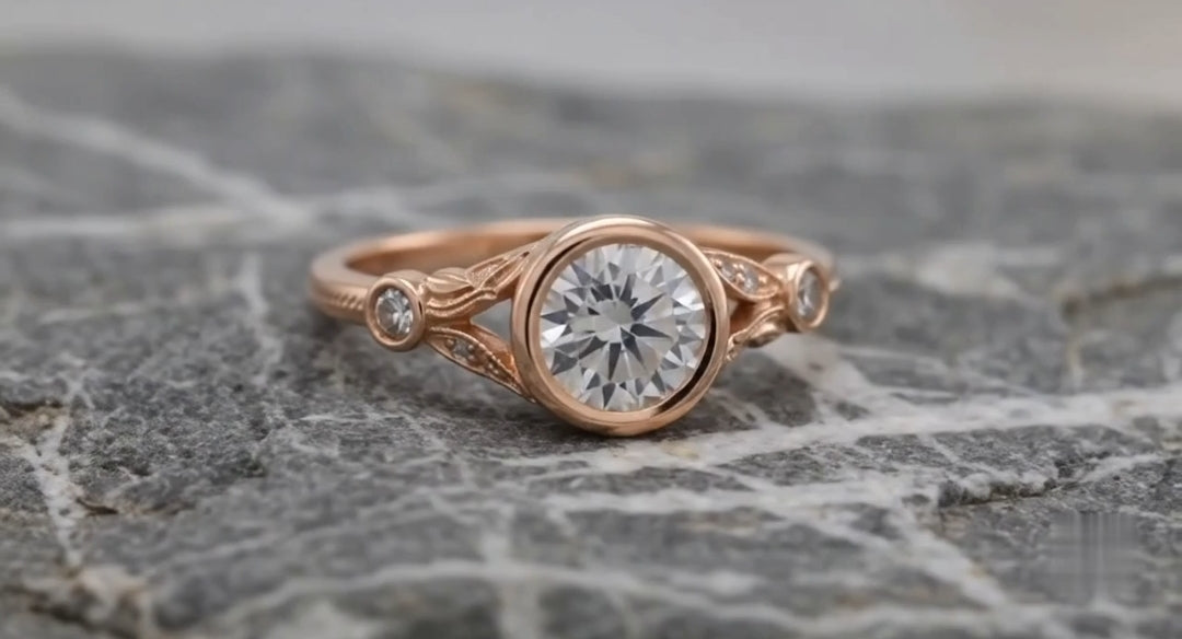 Top front-facing view of a 2 CT round lab grown diamond surrounded by a protective rose gold bezel setting and leaf motif.