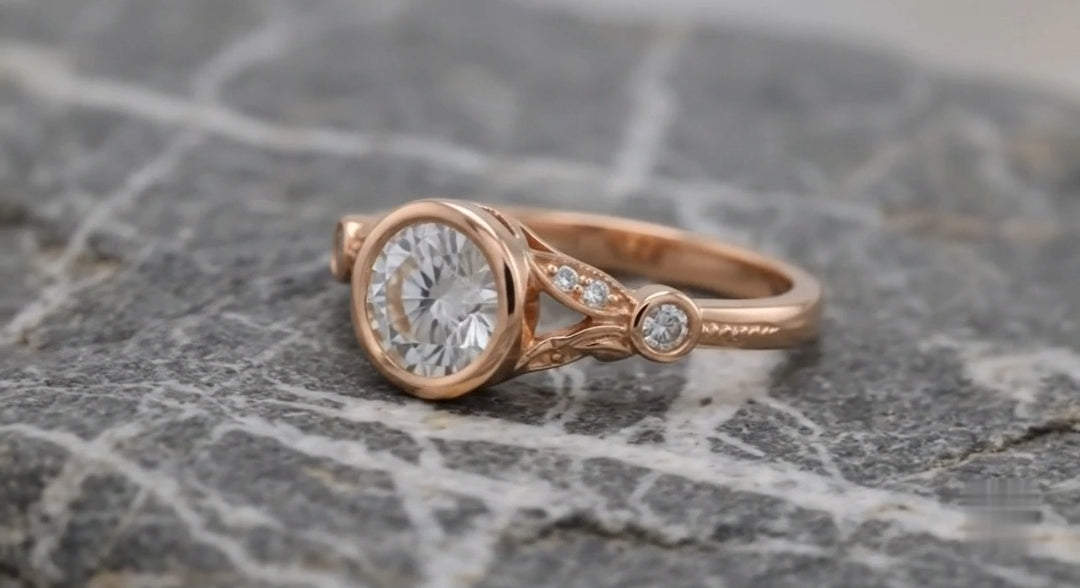 Elevated angle view highlighting the brilliance of the 2 carat round lab diamond and textured filigree craftsmanship.