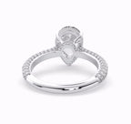 Bottom view detailing the under gallery and white gold band of a 4 carat pear lab diamond ring.