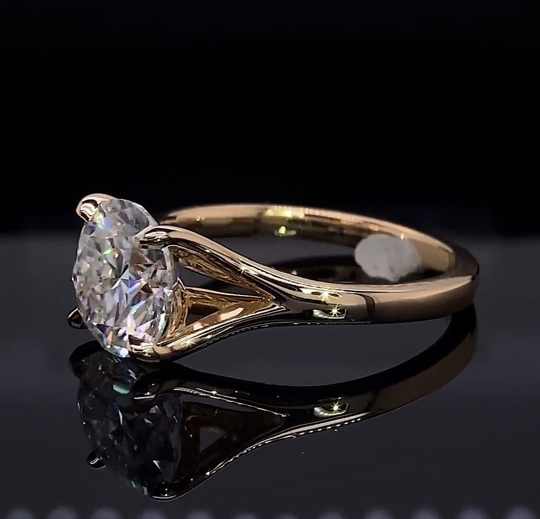 Side angled view showcasing the brilliant refraction and split cathedral setting of a 3 carat lab diamond ring.
