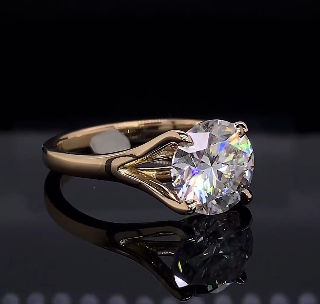 Opposite side view highlighting the symmetry and fire of a 3 CT round lab grown diamond engagement ring.