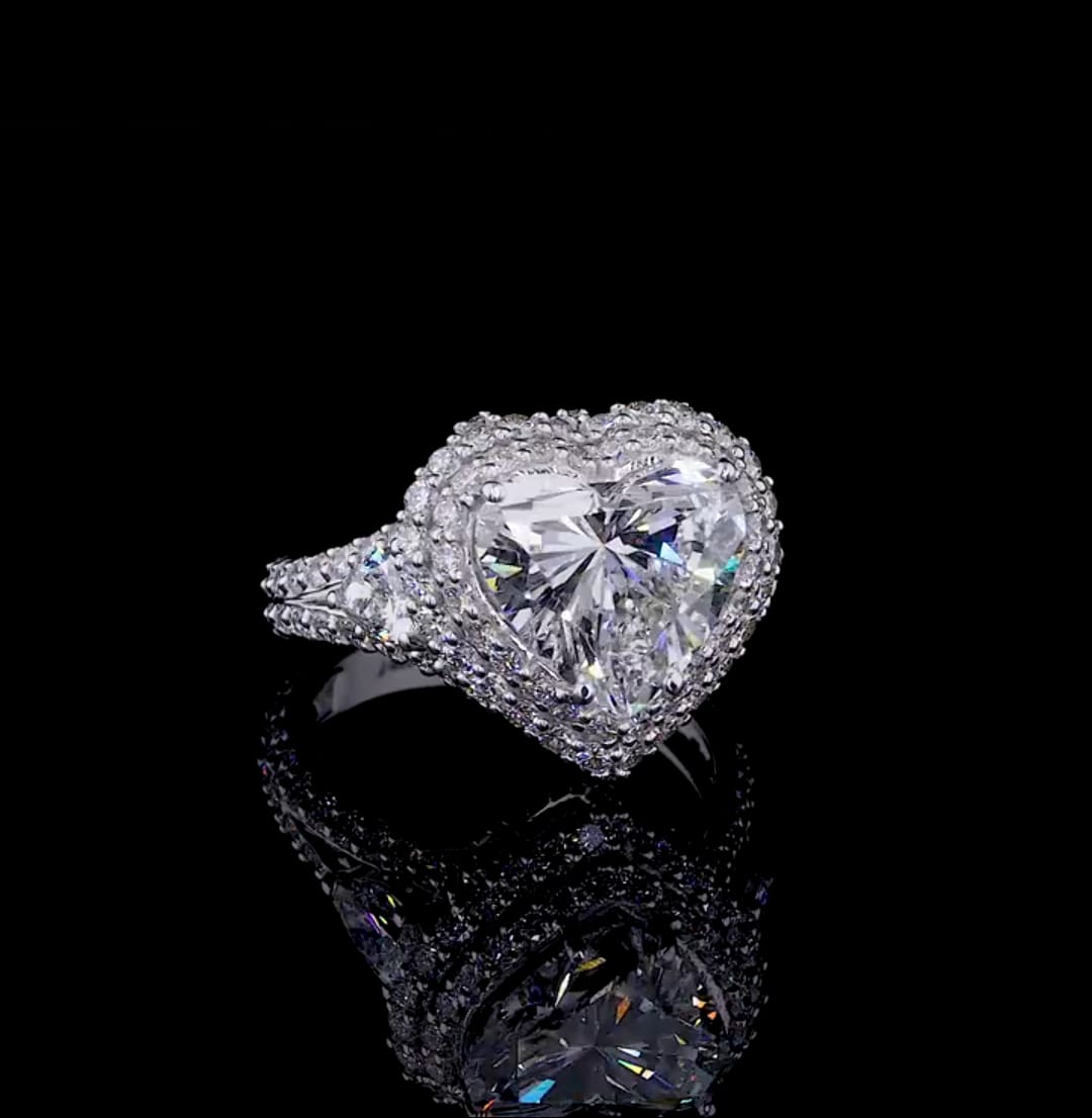 Front view showcasing the brilliant refraction and symmetry of a 4 CT heart shape lab diamond ring.