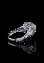 Elevated rear angle view illustrating the smooth inner band and pavé halo construction.