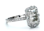 Perspective view of a 3 ct radiant cut lab diamond in a milgrain octagonal halo setting.