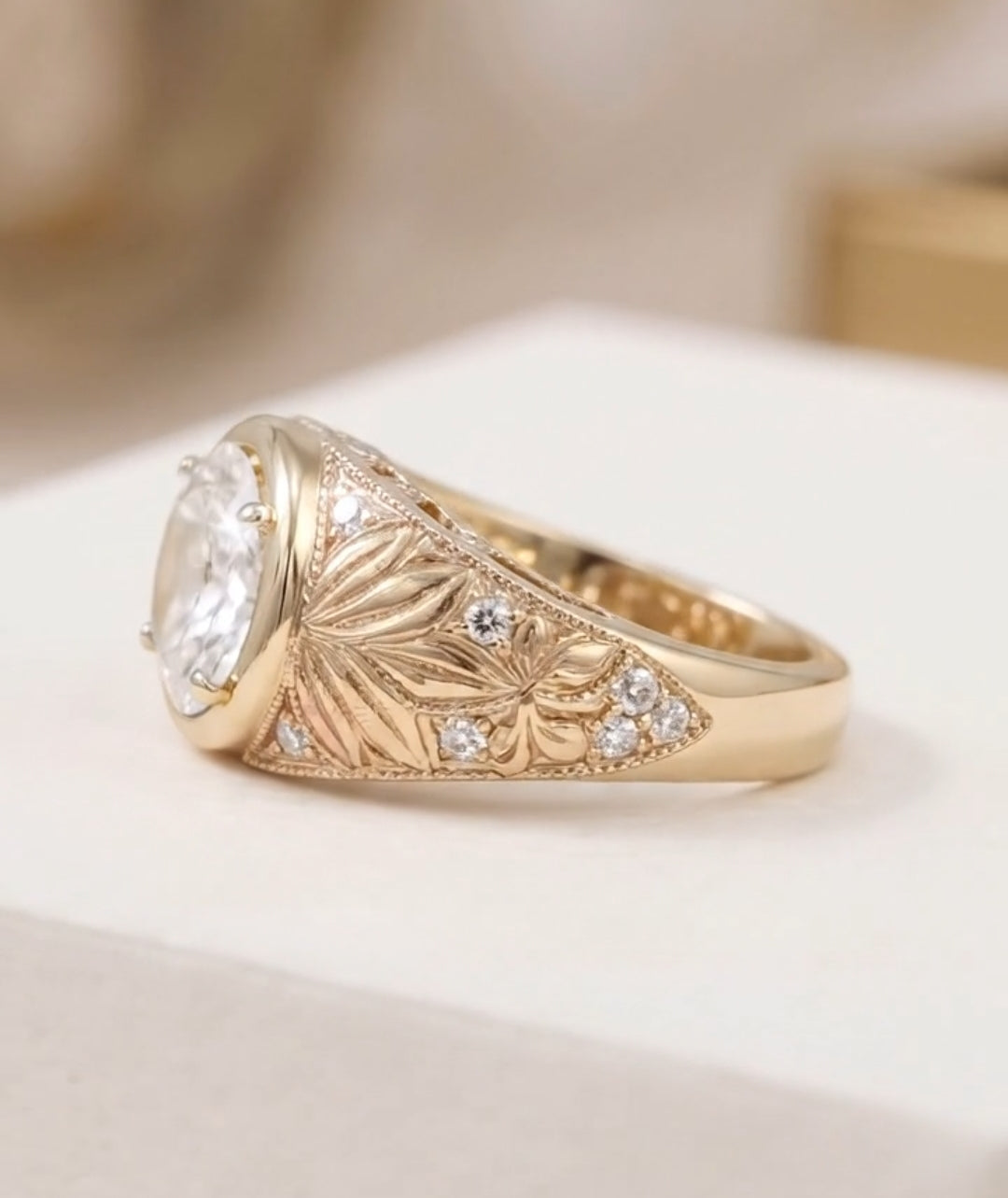 Floral Bezel Hand Engraved Ring, Engagement Ring