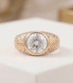 Floral Bezel Hand Engraved Ring, 3 CT Round Lab Grown Diamond Engagement Ring