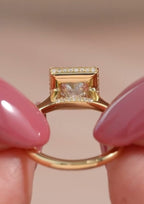Underside detail of a 3 carat princess cut lab grown diamond engagement ring with hidden pavé diamonds set in yellow gold.