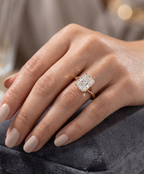 Woman wearing a 3 carat radiant cut lab grown diamond bezel engagement ring on her ring finger