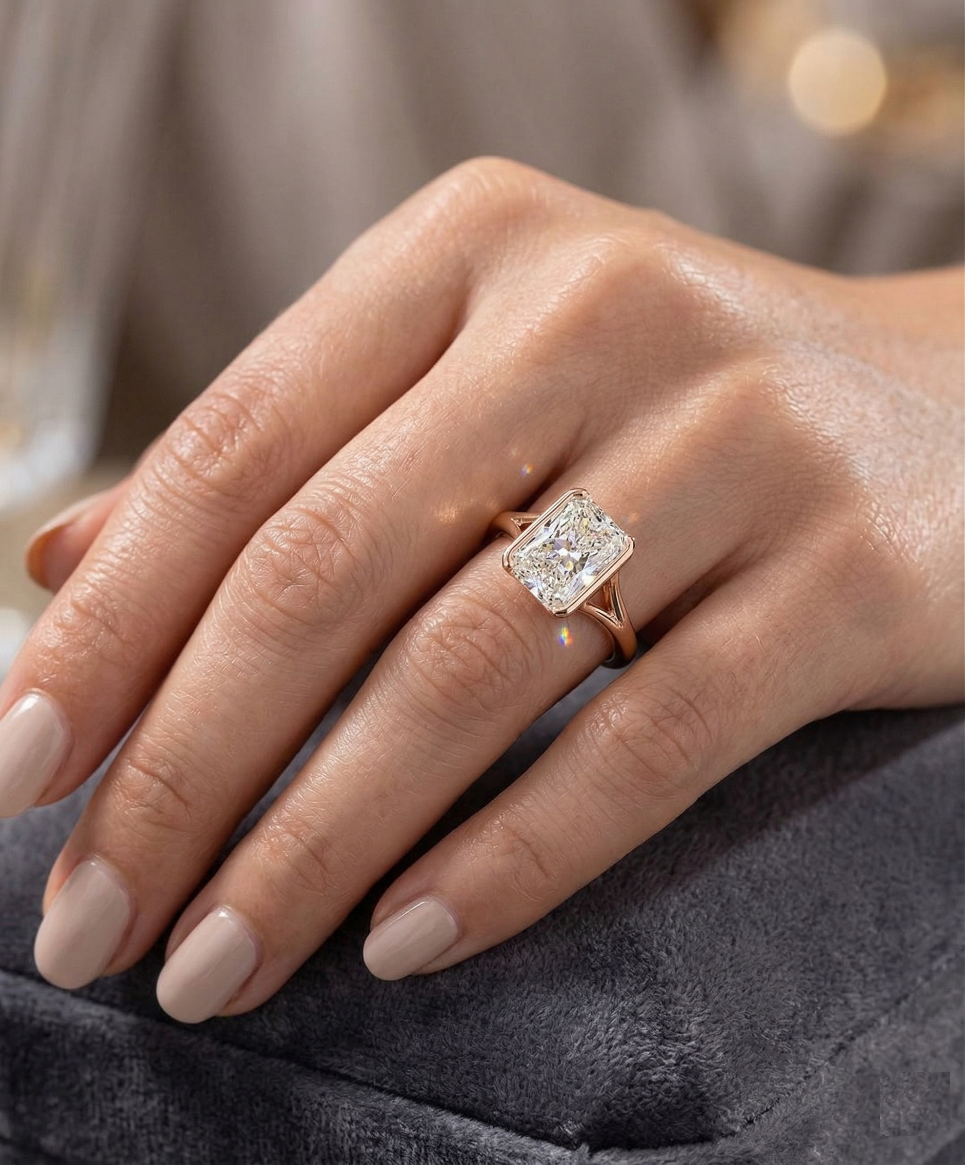 Woman wearing a 3 carat radiant cut lab grown diamond bezel engagement ring on her ring finger