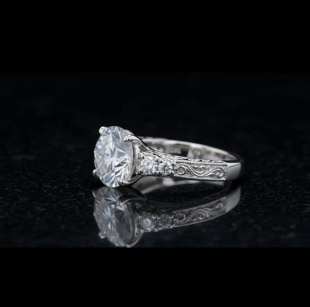 Detailed profile view highlighting milgrain edging and hand-carved scroll engraving on a white gold diamond ring