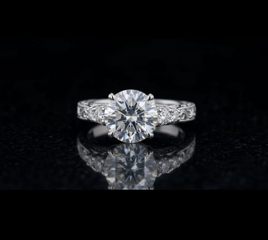Direct top-down face view of a brilliant 3 carat round lab grown diamond in a vintage engraved white gold ring setting