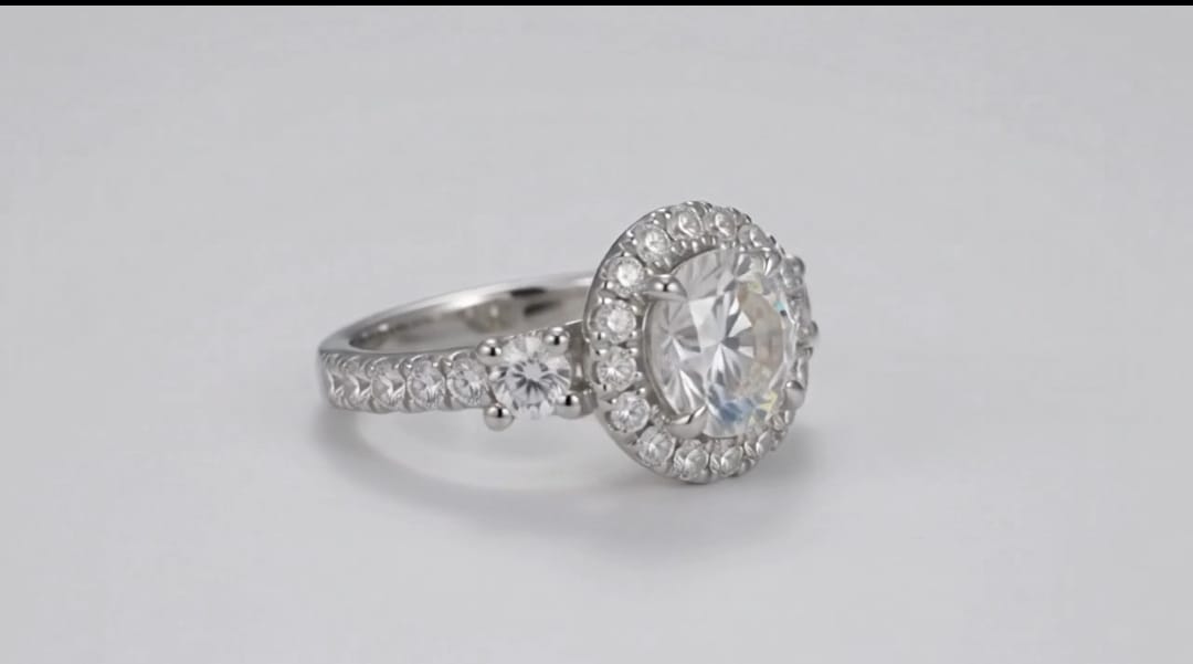 Angled view of a 3 carat round lab grown diamond engagement ring with a diamond halo and side accent stones in white gold