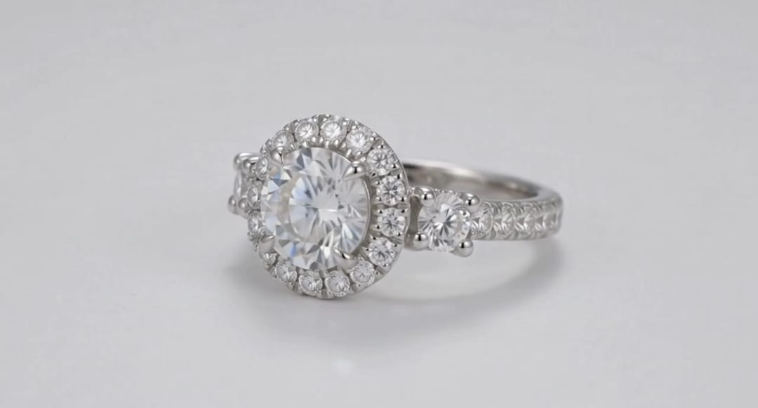 Three-quarter top perspective of a 3 carat round lab grown diamond ring with halo frame and side diamond accents