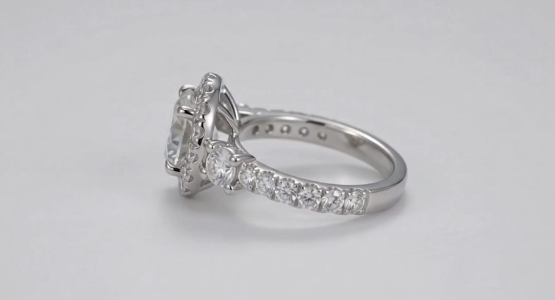 Side profile shot highlighting the prong set round side accent diamond on a pave white gold engagement ring