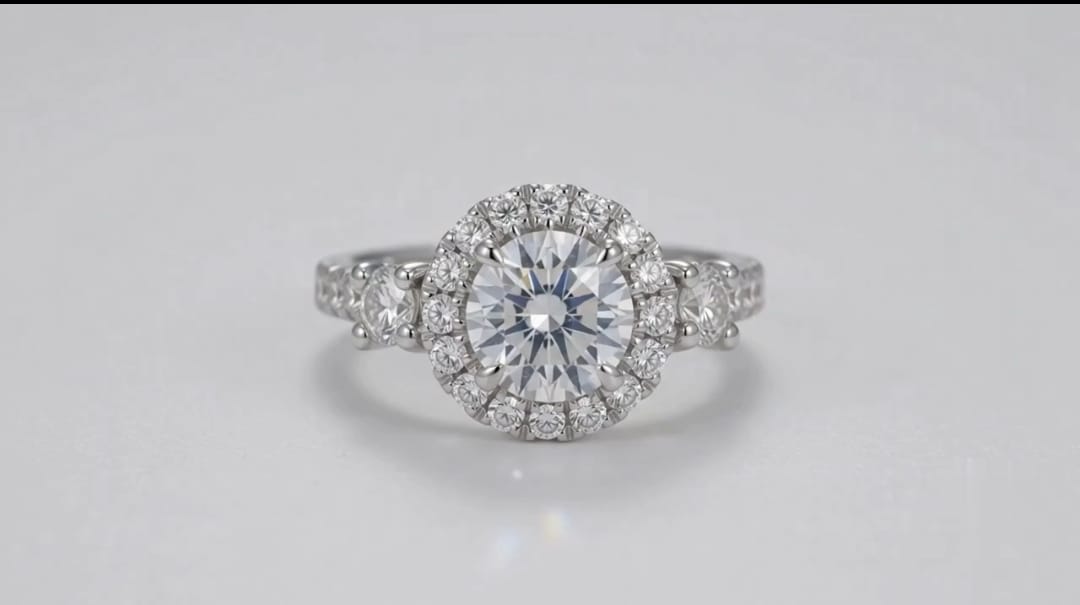 Direct top-down face view of a brilliant 3 carat round cut lab created diamond in a round halo ring setting
