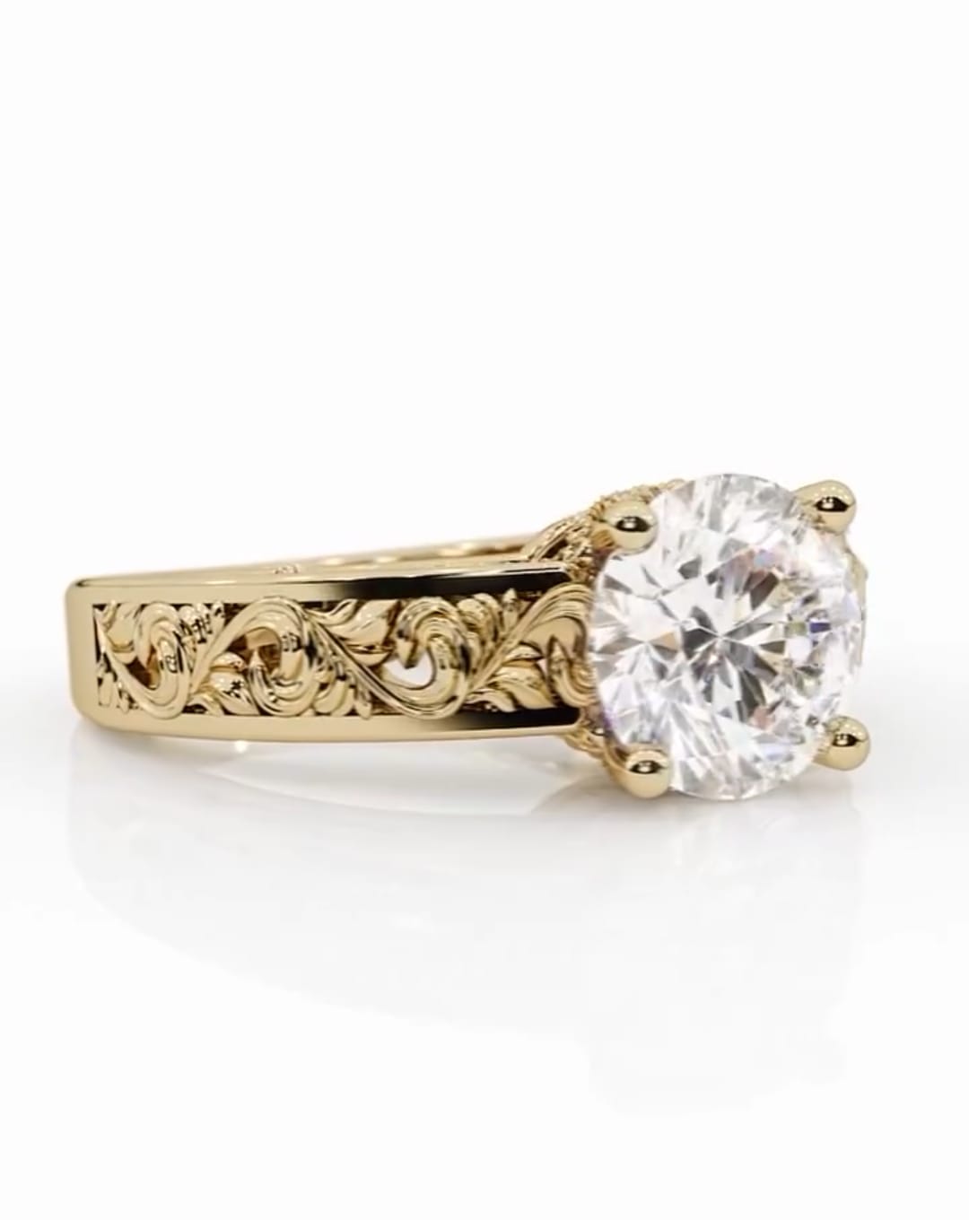Angled top view of a 3-carat round-cut lab-grown diamond ring showcasing the brilliant center stone and detailed vintage yellow gold band.