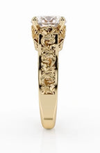 Top perspective of the continuous scroll engraving pattern flowing down the side of the 3 CT round lab diamond ring shank.