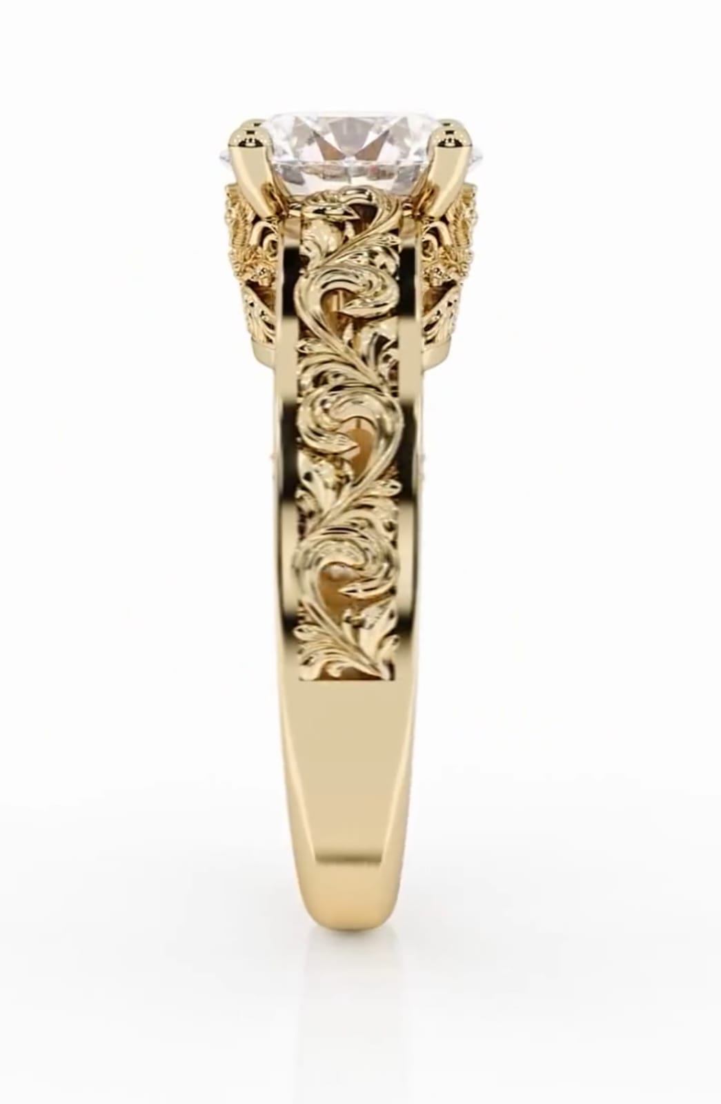 Top perspective of the continuous scroll engraving pattern flowing down the side of the 3 CT round lab diamond ring shank.