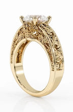 Highly detailed view of the ring's under-gallery, highlighting the elaborate vintage filigree basket holding the 3 CT round brilliant lab diamond.