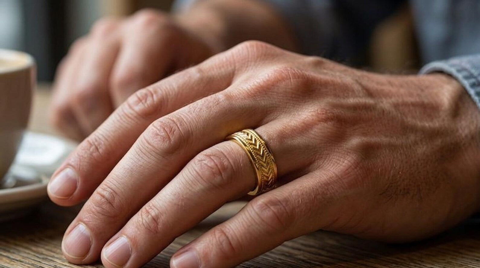 Man wearing a textured chevron gold wedding band on his ring finger at a table