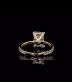 Bottom view showing the polished inside band and diamond-accented shoulders of a 2 carat radiant lab diamond ring