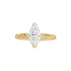 Top view of 2 CT Marquise Cut Lab Diamond Solitaire Ring in 14K Yellow Gold with intricate scroll engraving