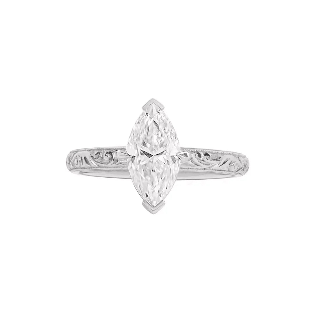 Top view of 2 Carat Marquise Cut Lab Grown Diamond Engagement Ring in White Gold featuring filigree band detail