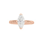 Top view of 2 CT Marquise Cut Lab Grown Diamond Solitaire Ring set in 14K Rose Gold with hand-engraved band