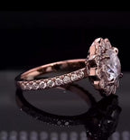 Side angle of 3 CT Round Lab Diamond Ring showcasing French pavé diamond band and flower halo