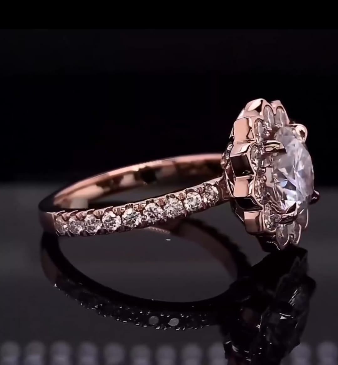 Side angle of 3 CT Round Lab Diamond Ring showcasing French pavé diamond band and flower halo