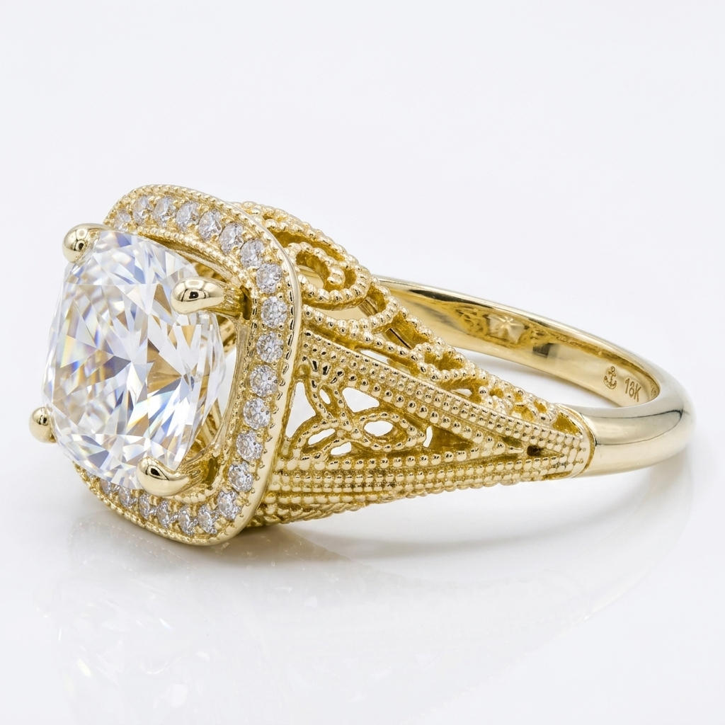 Side perspective view of 18K yellow gold Asscher cut lab diamond vintage halo ring displaying interior gold hallmark stamp.