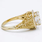 Side profile view of a 3 carat Asscher cut lab diamond ring showcasing openwork lace filigree and milgrain detailing.