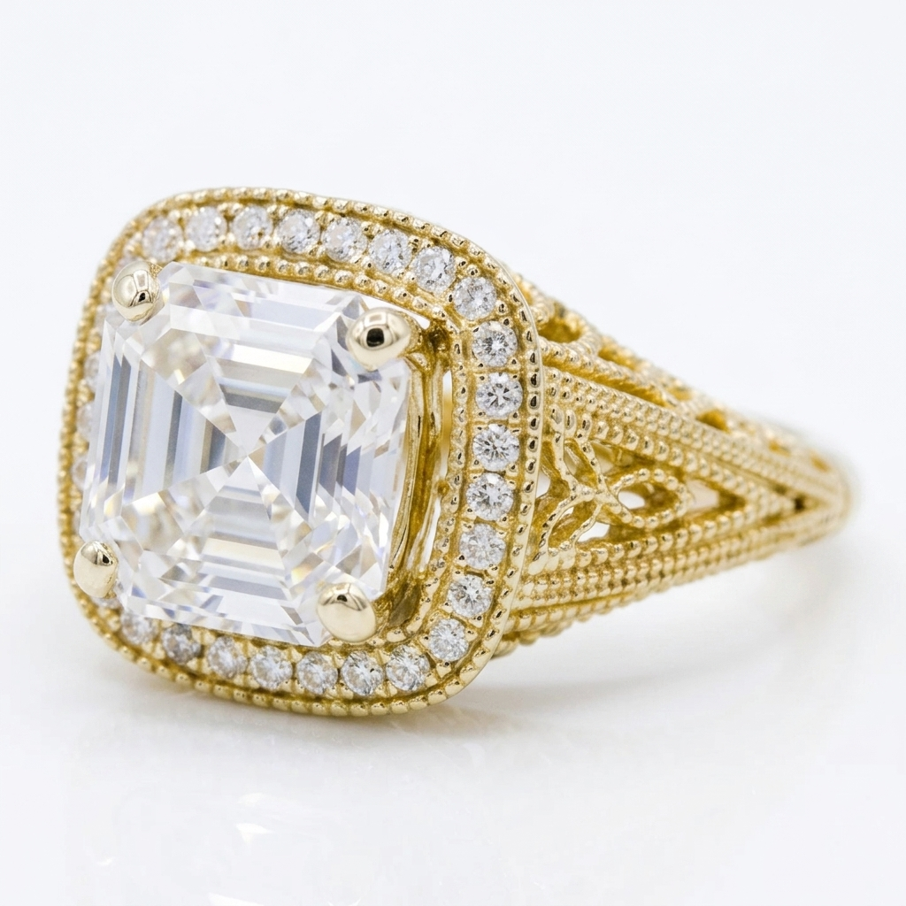 Perspective angle highlighting the step-cut facets and milgrain halo of a 3 CT Asscher cut lab diamond ring.