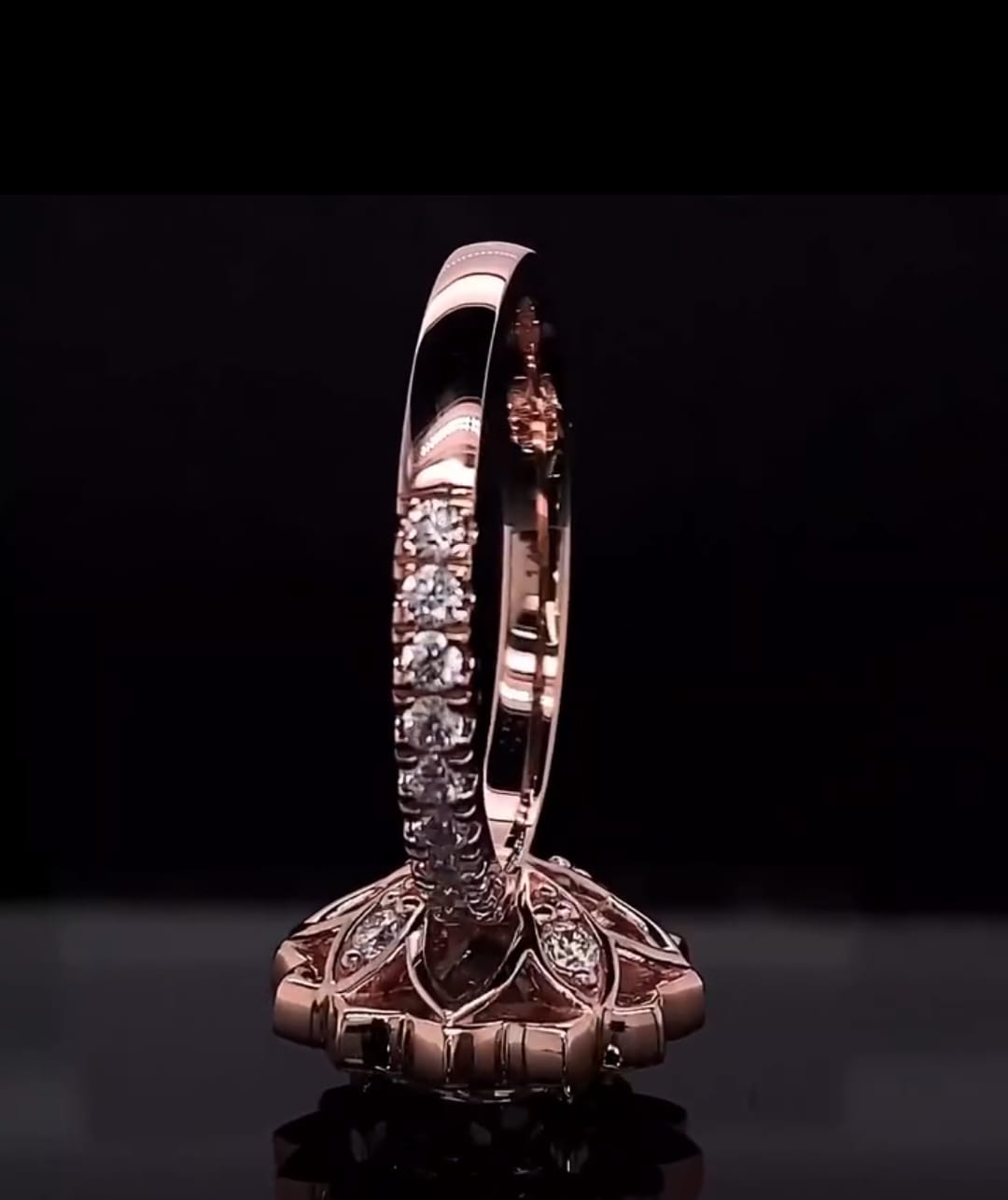 Vertical profile view displaying the pavé-set diamond band and rose gold polish on a 3 CT lab diamond ring