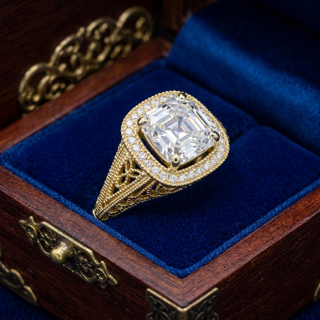 3 CT Asscher cut lab grown diamond vintage filigree ring resting inside a royal blue velvet-lined wooden display box.