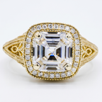 Direct top-down view of a 3 carat Asscher cut lab grown diamond with square milgrain halo and filigree shoulders.