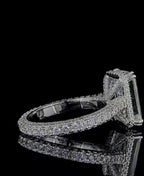 Angled view of 4 CT Emerald Cut Lab Grown Diamond Engagement Ring with pavé band and hidden collar