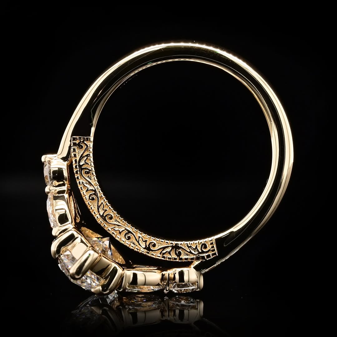 Profile view showing intricate scrollwork filigree engraving on 4 CT Marquise Cut Lab Diamond Ring