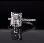 Front-angled view of a 3 CT Radiant Cut Lab Diamond Ring in 14K white gold with pavé band