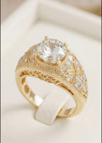 3 CT Round Cut Lab Grown Diamond Art Deco inspired gold statement ring showcasing a brilliant round-cut center stone set in a milgrain-bordered,