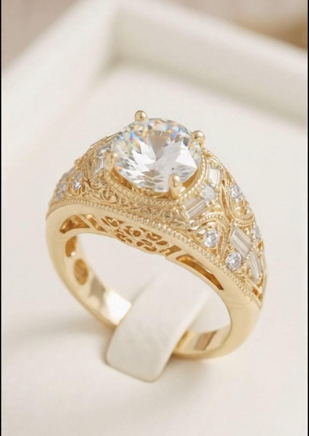 3 CT Round Cut Lab Grown Diamond Art Deco inspired gold statement ring showcasing a brilliant round-cut center stone set in a milgrain-bordered,