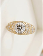 vintage-style gold engagement ring featuring an intricate filigree band,3 CT Round Cut lab Grown Diamond Ring