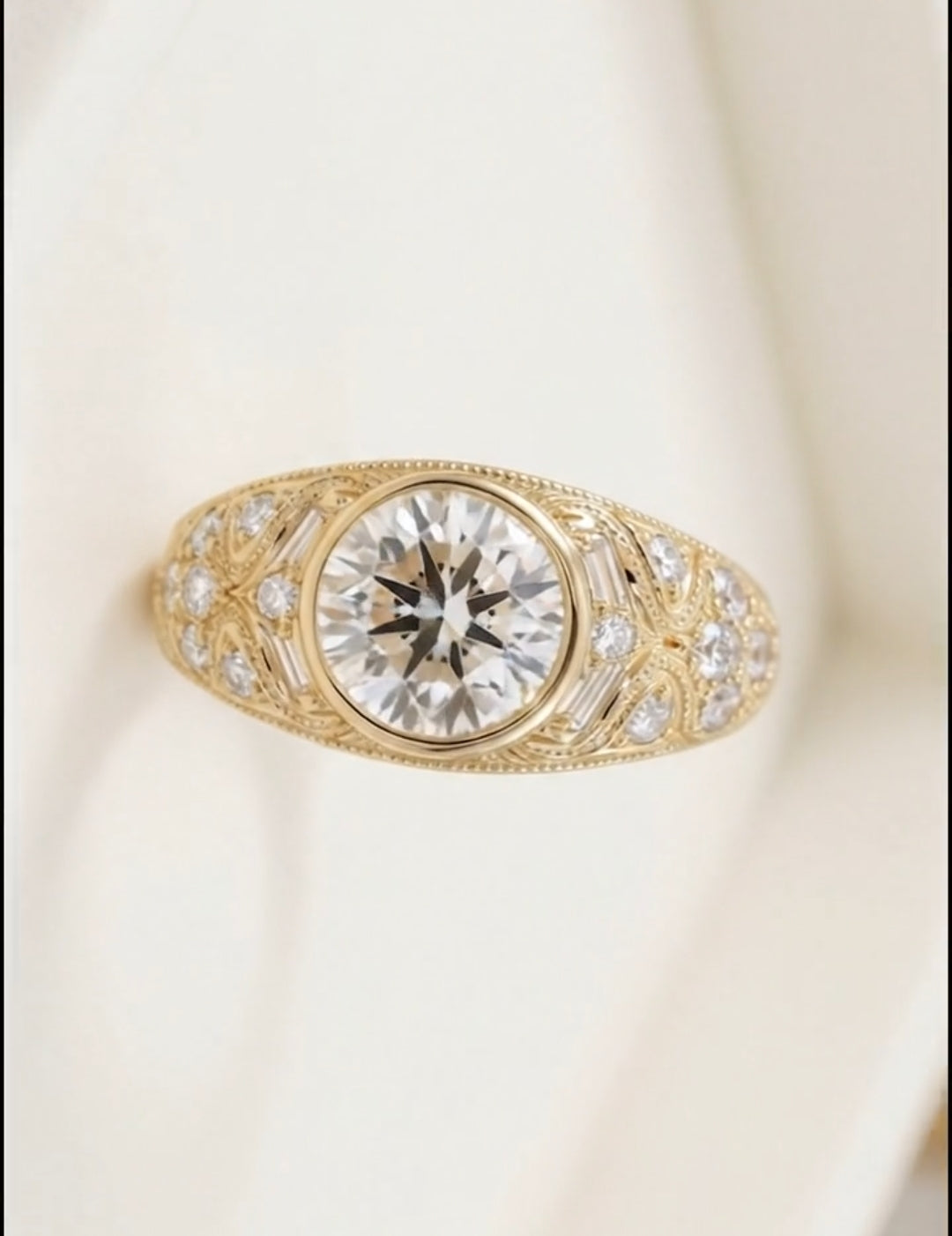 vintage-style gold engagement ring featuring an intricate filigree band,3 CT Round Cut lab Grown Diamond Ring