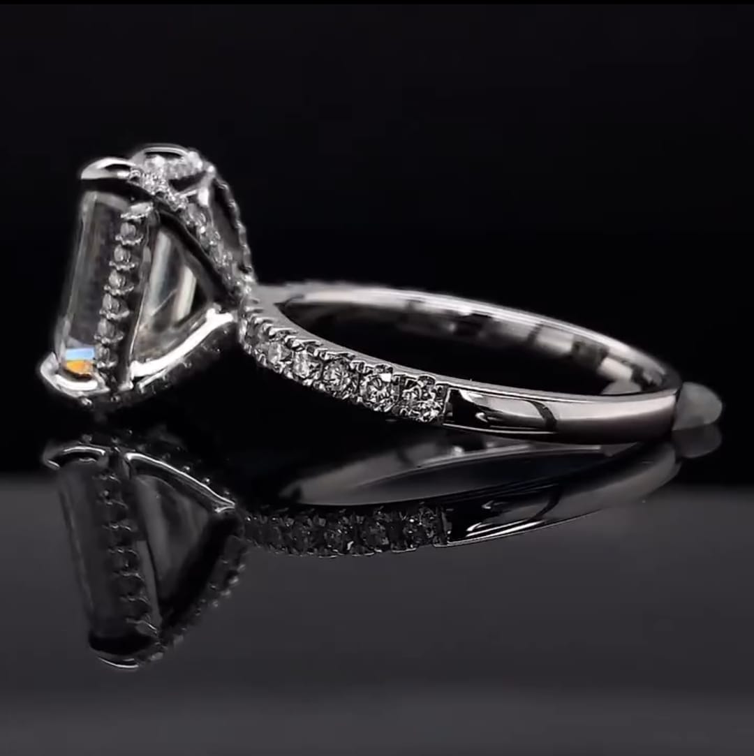 Angled side profile showing slim micro-pavé band and setting on a 3 CT Emerald Cut Lab Diamond Ring