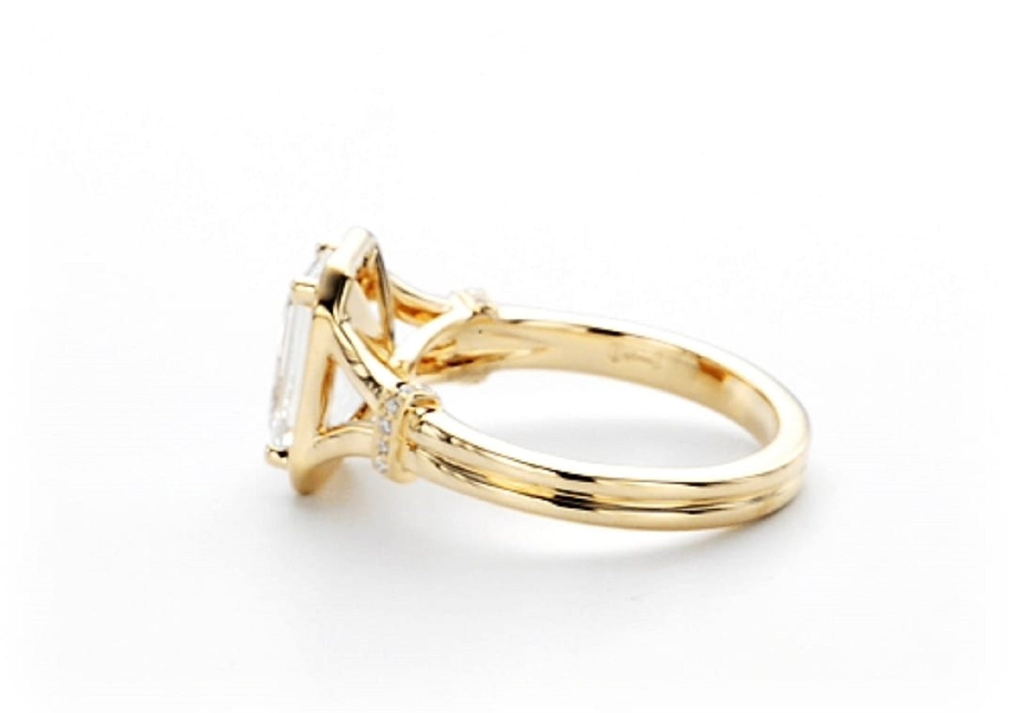 Side view showing split shank detail and pave diamond accents on 2 carat lab grown diamond ring