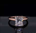 Front view of 3 CT radiant cut lab grown diamond engagement ring in rose gold with engraved band