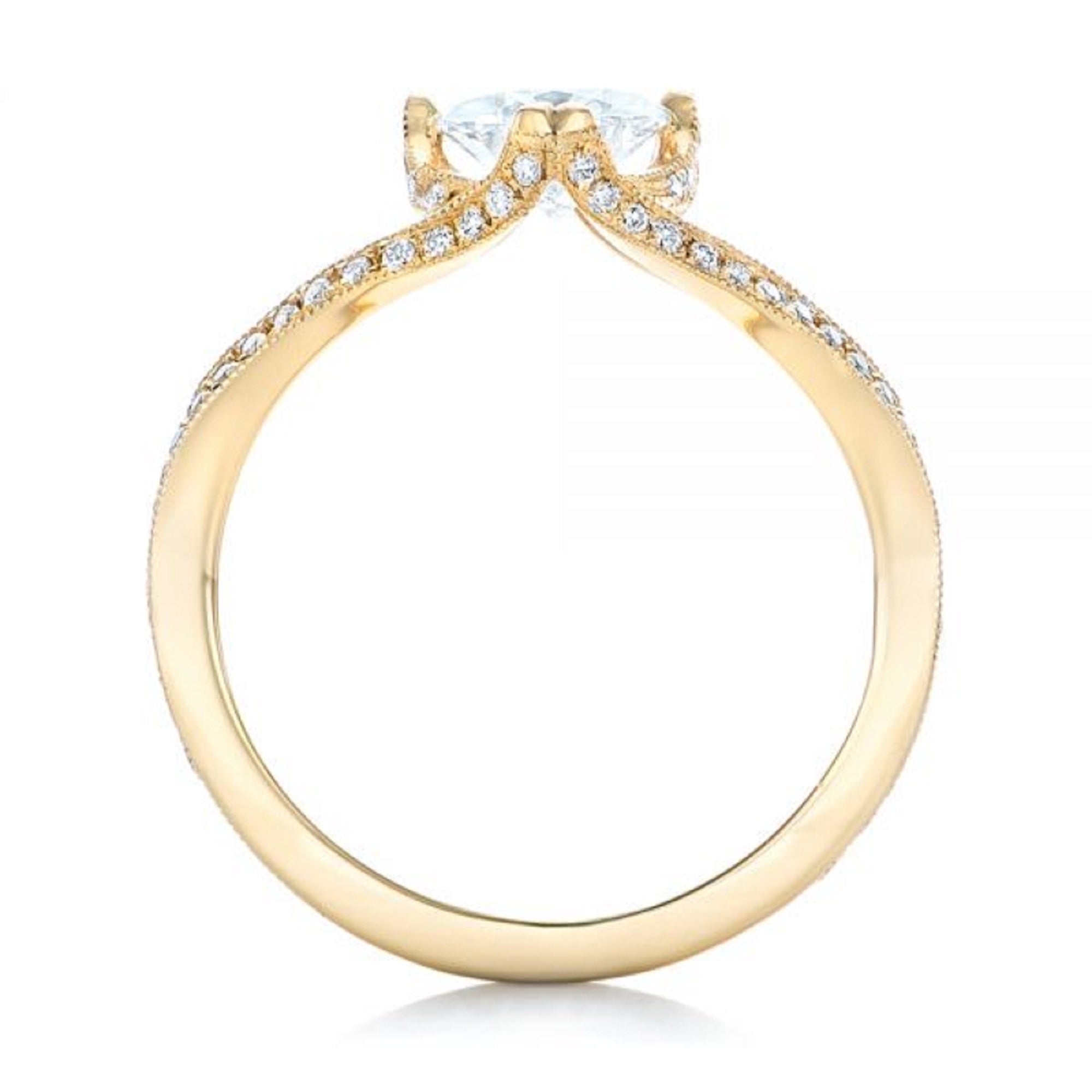 Direct profile view showing the yellow gold band architecture and pave basket gallery