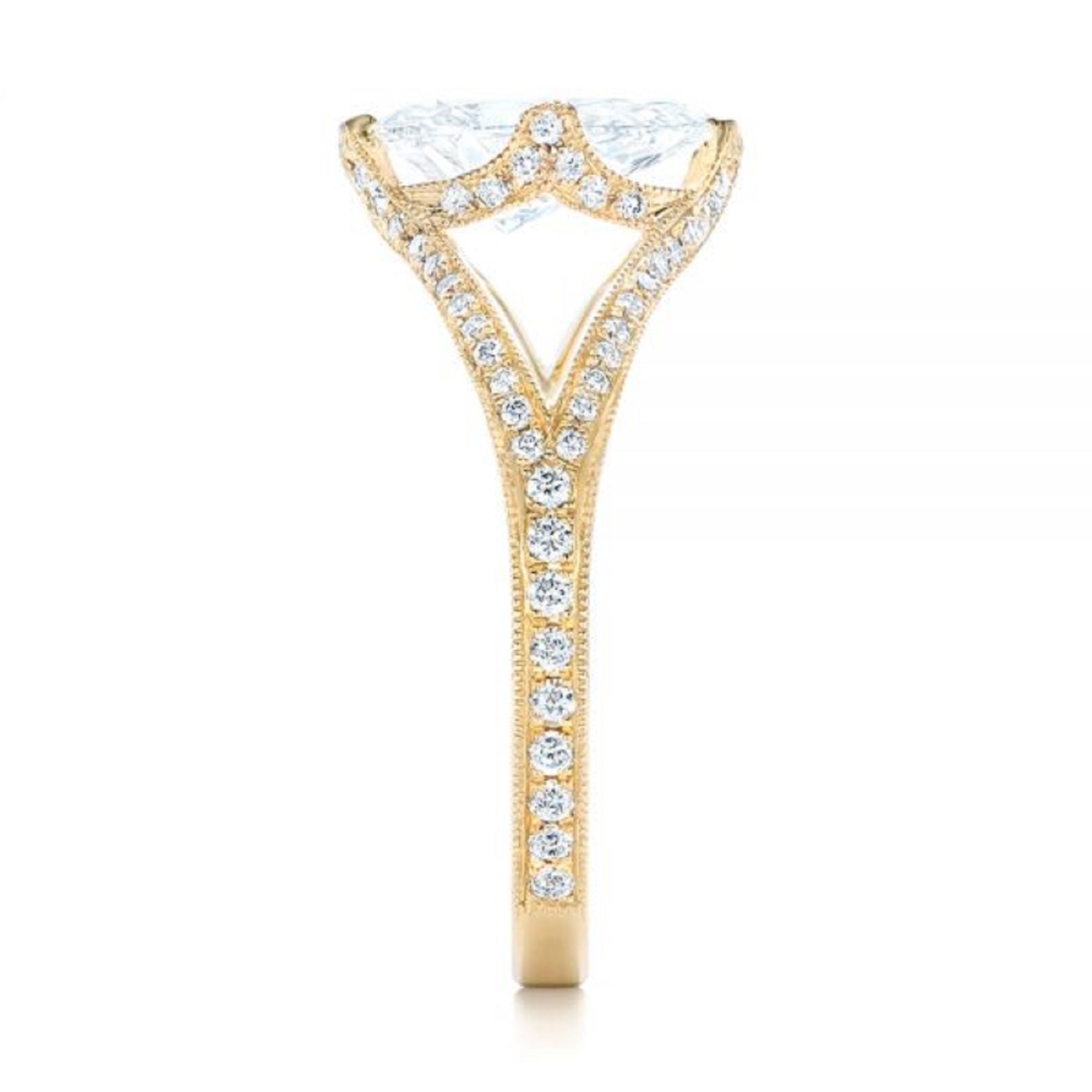 Vertical side profile view showing the pave diamond band leading into the basket setting